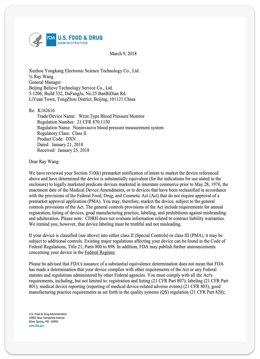 FDA registration for Yonker medical devices
